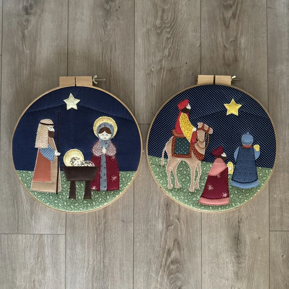 2 Vtg‎ NATIVITY HOOP Christmas Nativity Embroidered 14